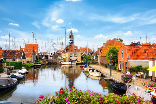 Hindeloopen, Netherlands. Lock with the wooden drawbridge and the lock keeper's house