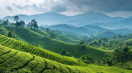 Fototapeta premium Lush green rolling hills create a captivating panoramic view, perfect for themes centered around nature and the environment. This scene offers ample photo style copy space.