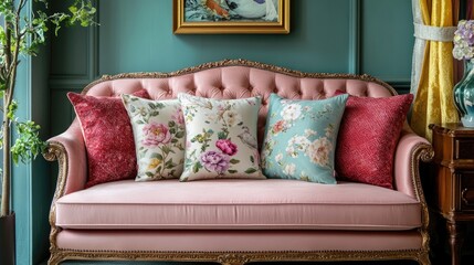 Decorative pillows and sofa enhance interior design and home decoration, creating a cozy atmosphere while adding elegance to home textiles with ample copy space for style.