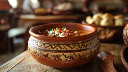 Traditional Michoacan pique displayed on a clay pot, highlighting typical Mexican dishes. This design captures the essence of Tex-Mex cuisine with ample photo space.