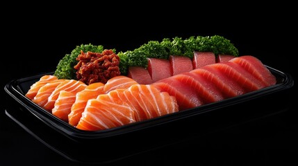 Delectable sashimi platter consisting of fresh tuna and salmon, accompanied by crispy kasama on the side, presented with ample copy space for editing and design.