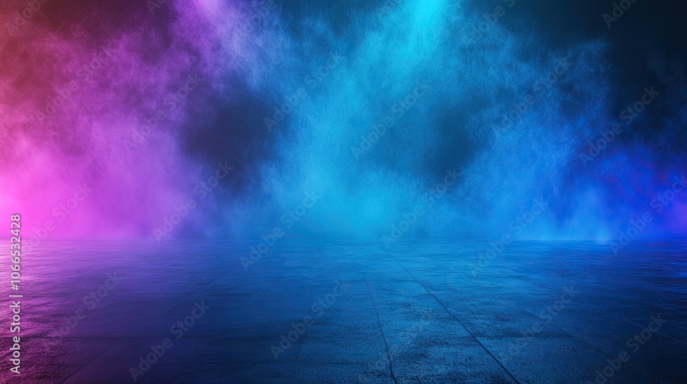 Poster mysterious atmosphere created by smoke and fog enveloping an empty floor against a dark blue and neo