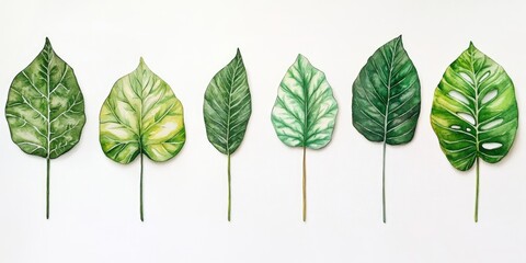 Obraz premium A white backdrop showcases ten beautifully detailed watercolor green leaves, each intricately designed and standing out against the clean background of white.