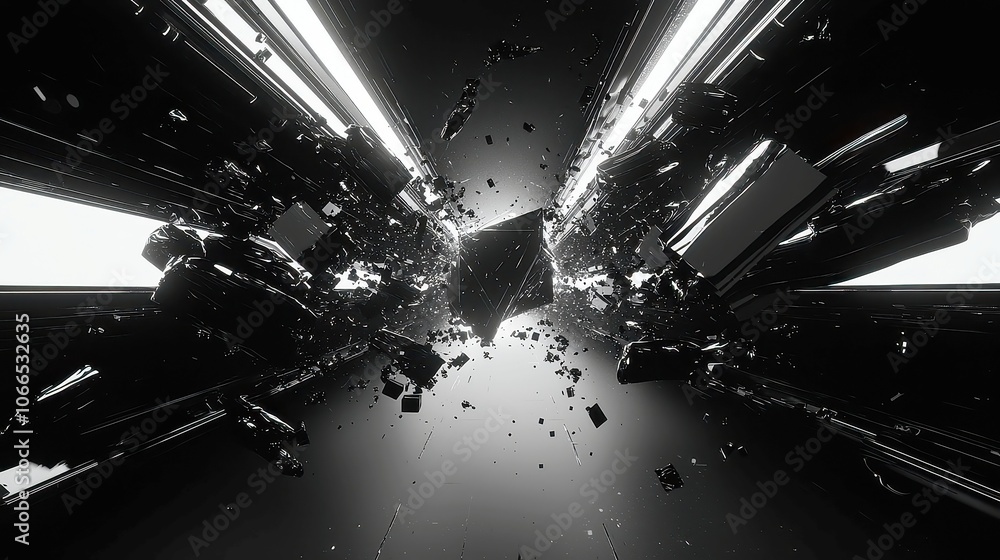 Poster futuristic transition masks, dynamic abstract motion graphics featuring monochrome block figures, id