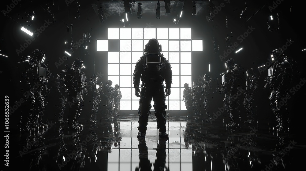Poster futuristic transition masks, an array of animated monochrome block figures designed for seamless tra