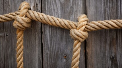 Closeup of rustic rope detail supporting a wooden fence, emphasizing the rustic charm. The image captures the texture and character of the rope and fence, with ample copy space.