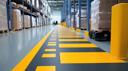 Clear markings on the warehouse floor guiding the movement of workers and machines, improving safety and efficiency