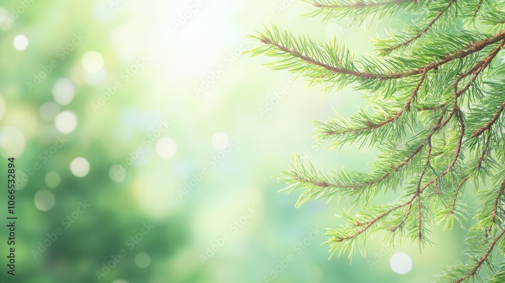 Poster fresh spring fir green branch highlighted against a blurred fir backdrop, creating a serene summer b