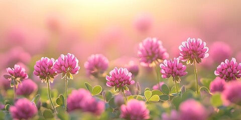 Gorgeous scenery featuring a vibrant pink clover field under the warm sun of a summer day, beautifully captured with a soft focus effect.