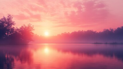 Fototapeta premium Beautiful summer sunrise panorama captures the essence of a serene morning. This captivating summer sunrise panorama makes for an ideal wallpaper with ample copy space.