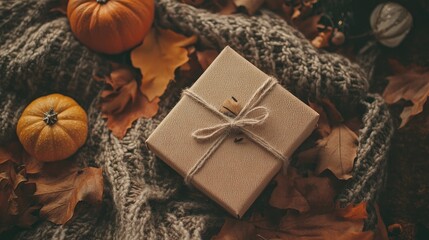 Autumn gift box arranged in a cozy fall mockup scene. This gifting tableau captures the essence of autumn with a flat lay composition, offering ample copy space for your text.