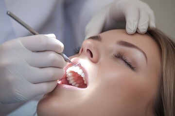 A top-down angle showing a patient lying comfortably in a dental chair with a dentist performing a routine cleaning. The dentist's hands, in gloves, are holding a dental scaler, focusing on plaque rem