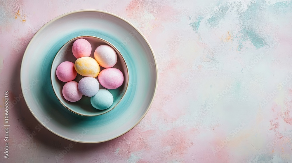 Aufkleber pastels arranged in a bowl create a vibrant display. an empty plate and bowl complement the pastel c