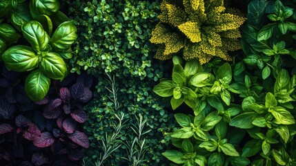 Fototapeta premium Vibrant cooking herbs border with a colorful close-up display of rosemary, thyme, mint, and basil. Top view emphasizes these cooking herbs, offering ample copy space and selective focus.