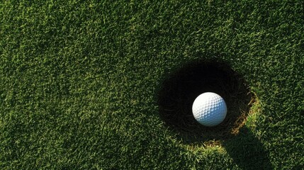 A golf ball rests atop a tee, perfectly positioned in the hole. This golf ball scene offers a clean and inviting composition with ample copy space for any text.