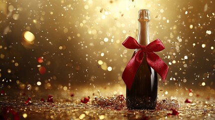 20 years of a happy anniversary celebrated with a champagne bottle adorned with a red ribbon and surrounded by confetti, all set against a shimmering golden background, photo style with copy space.