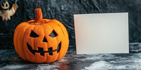 An orange felt pumpkin sits alongside a card that is empty, showcasing a haunting Halloween greeting for the festive season of Halloween.
