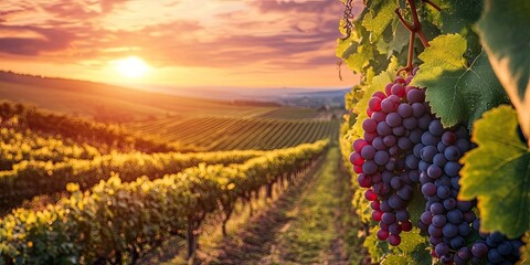 Naklejka premium A breathtaking sunset casts its glow over lively vineyards, enhancing the beauty and charm of the landscape filled with colorful grapevines.