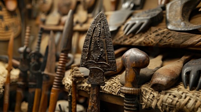 A display of ancient weapons and tools used by early civilizations and cultures.