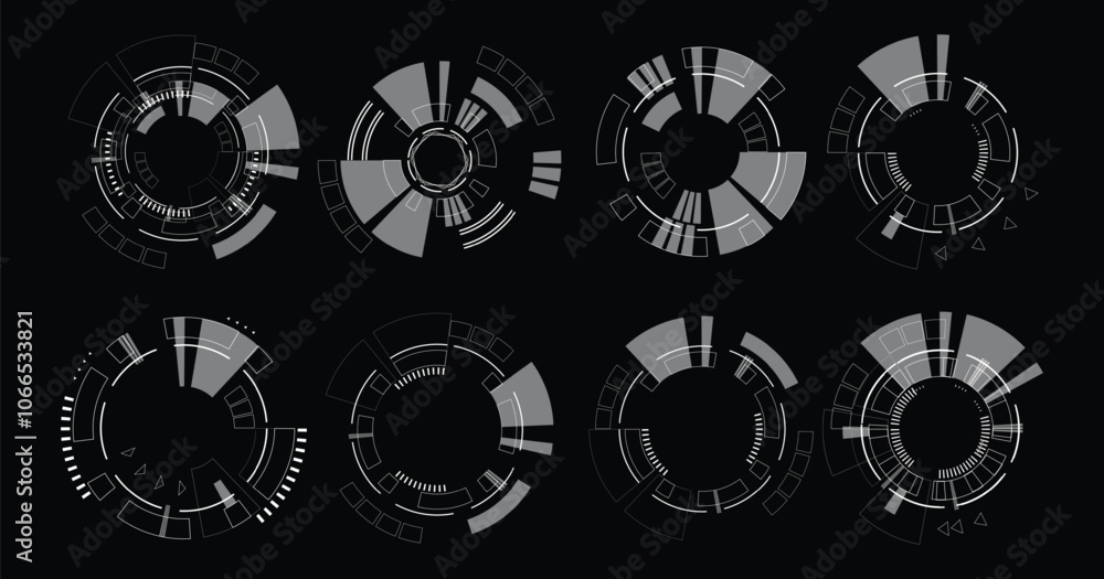 Aufkleber Set of User Interface HUD futuristic style.Abstract circles, geometric shapes, advanced technology segmentation, digital technology on a black background.	