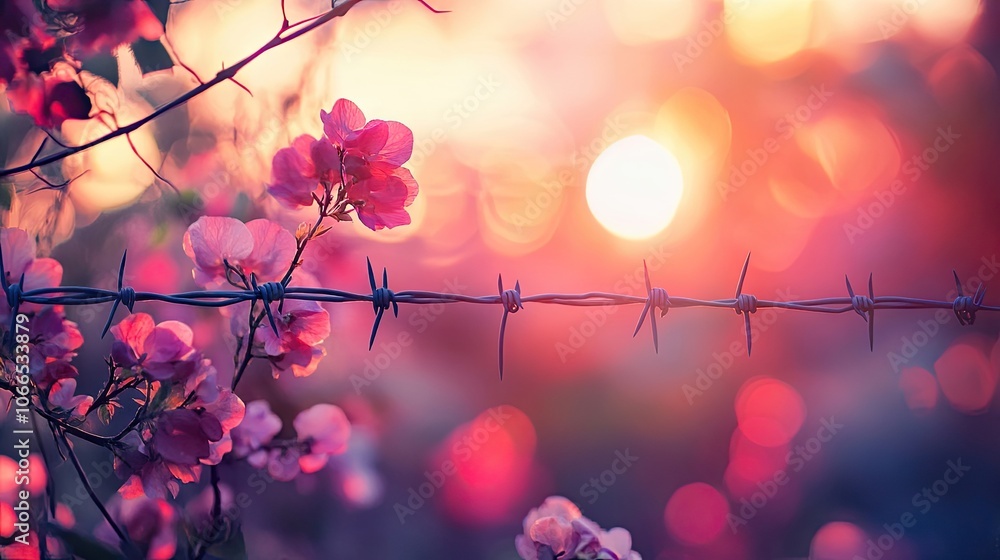 Aufkleber a captivating sunset view captured with a metal fence and barbed wire in focus, complemented by flow