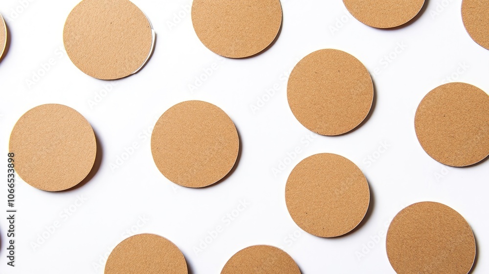 Poster flat lay arrangement of circular stickers mockup, displaying brown kraft design templates against a 