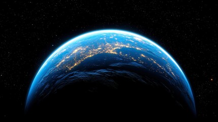 Naklejka premium Vibrant Earth in Space, A dynamic view of our planet showcasing day and night transitions, city lights twinkling, surrounded by a cosmic backdrop of stars and nebulae.