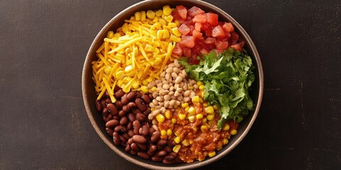 This is an overhead perspective of a yellow taco salad served in a bowl, featuring sections with corn, beans, cheddar cheese, salsa, and diced tomatoes for effortless assembly.