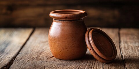 A terracotta jar with its lid placed on a wooden table, showcasing a charming and rustic aesthetic with the earthy tones of the jar complementing the natural wood.