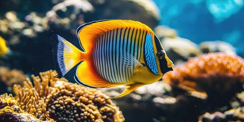 Obraz premium Brightly colored tropical reef fish, adorned with unique markings, represent natures underwater wildlife. These colorful species thrive in sunlit coral reefs of aquatic habitats.