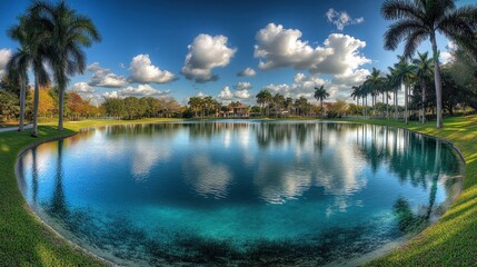 A tranquil lake surrounded by palm trees and lush greenery, with a beautiful reflection of the clouds in the water.