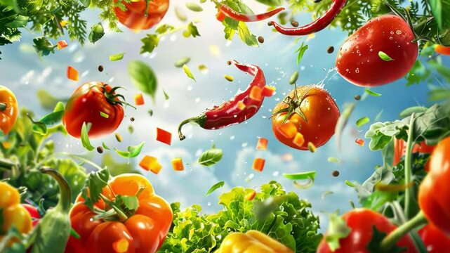Vibrant Vegetable Fiesta: A captivating burst of fresh vegetables &mdash; tomatoes, peppers, and herbs &mdash; explodes in a dynamic, high-energy composition.  Perfect for promoting healthy eating.