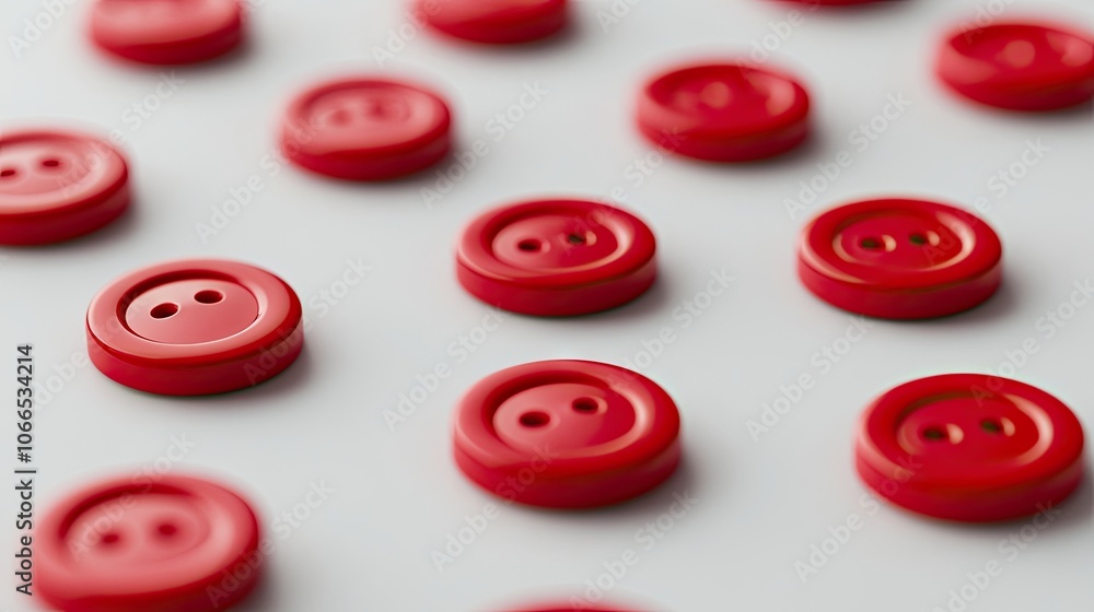 Poster collection of red buttons arranged on a white surface, creating a vibrant display. the red buttons c