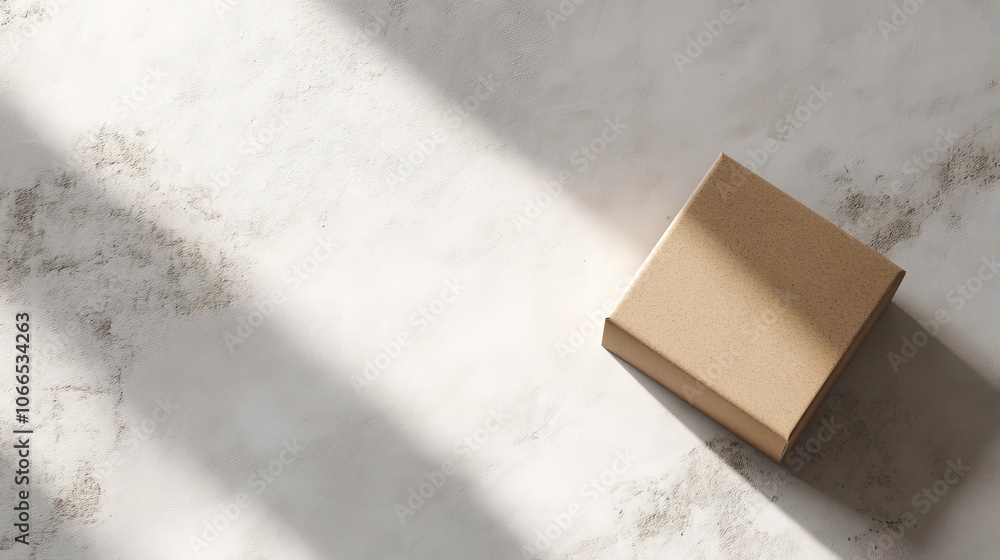 Poster box with label mockup isolated on a white floor, top-down perspective, highlighting the box with lab
