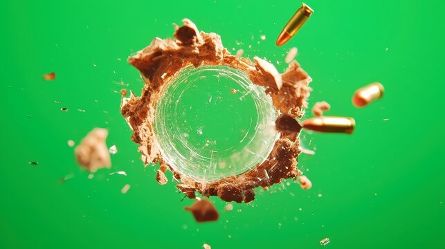 Shattered Glass Impact on Green Background, dynamic visualization of bullet impact, showcasing shattered fragments, vibrant green backdrop enhances dramatic effect, perfect for action sequences.