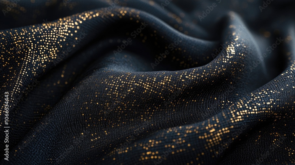 Poster abstract study of black textile with golden accents, emphasizing the interplay of textures and color