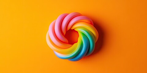 A vibrant, spiraled squishy sensory fidget toy is prominently displayed against an orange backdrop, showcasing a top down flat lay perspective.