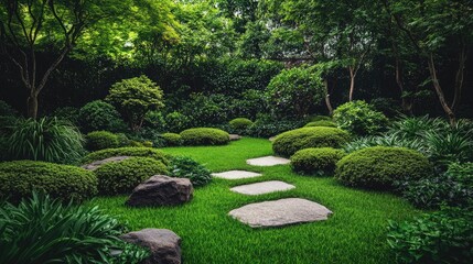 Naklejka premium Serene traditional Japanese garden set in vibrant greenery, capturing the essence of nature balance and tranquility. Ample space for text and visual storytelling in this photo.