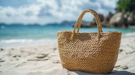 Stylish summer straw bag ideal for a beach trip, perfect for carrying essentials while enjoying a sunny day by the shore. The summer straw bag offers ample space and trendy appeal.