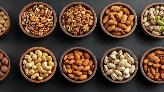 Nine bowls of various nuts are arranged on a black surface