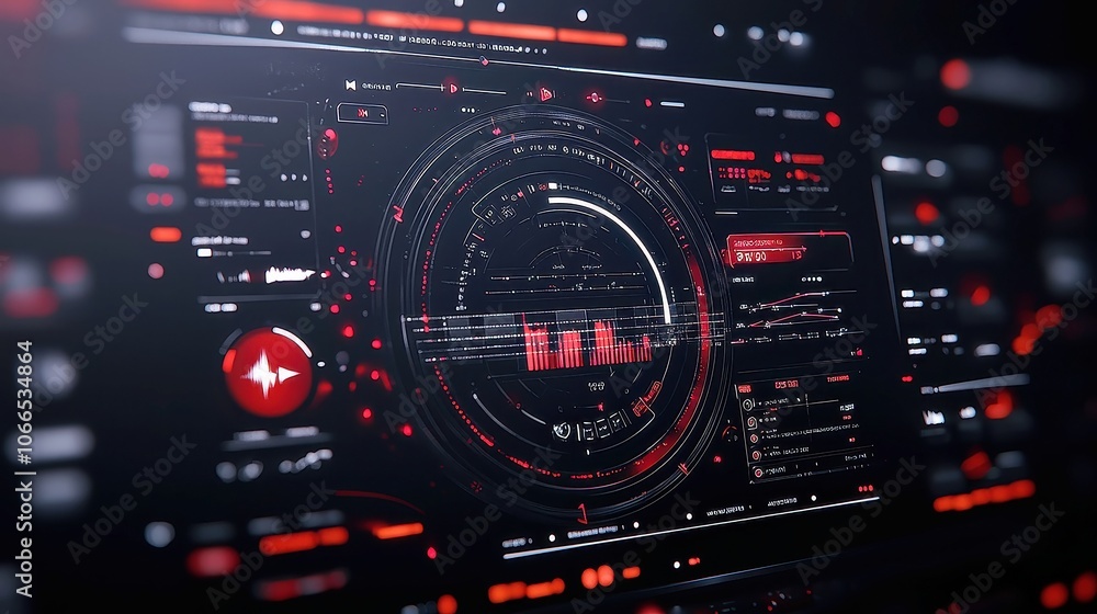 Poster circular interface design featuring infographic elements, music equalizer visuals, audio waves and s