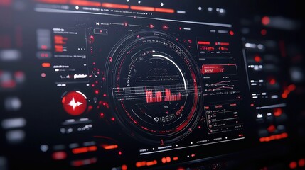 Circular interface design featuring infographic elements, music equalizer visuals, audio waves and sound frequencies, emphasizing a tech and science analysis theme.