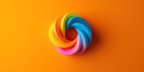 A vibrant, spiraled squishy sensory fidget toy is prominently displayed against an orange backdrop, showcasing a top down flat lay perspective.