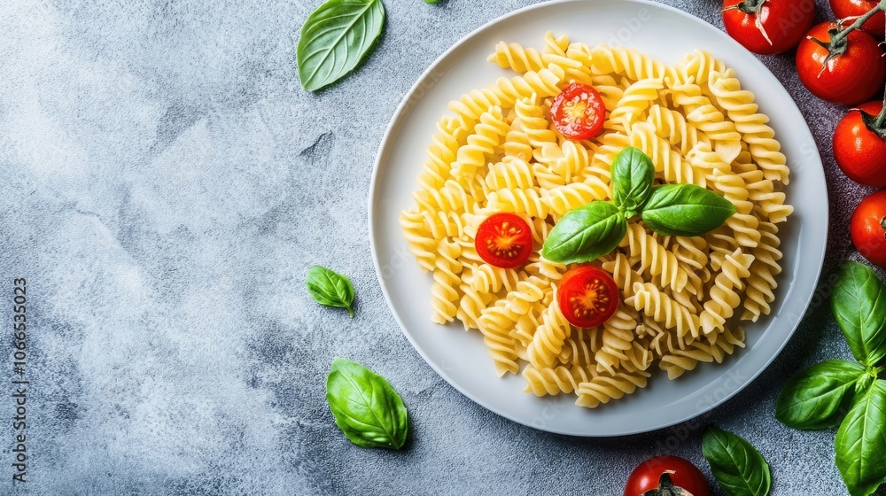 Poster fusilli pasta arranged elegantly on a white plate, accompanied by fresh tomatoes and basil leaves, c