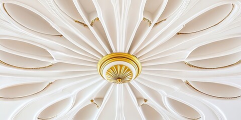 A decorative ceiling fan in white and gold, with its blades viewed from underneath, is set against a painted ceiling in a contemporary home interior, allowing for empty space.