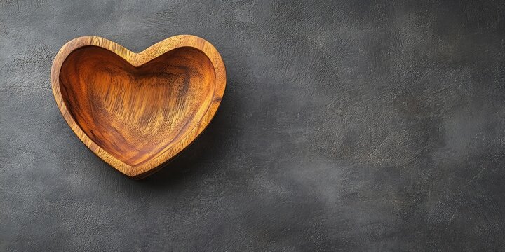 A gray table showcases a heart shaped wooden bowl, creating an ideal setting for Valentines Day or Mothers Day. The top view offers space for additional text.