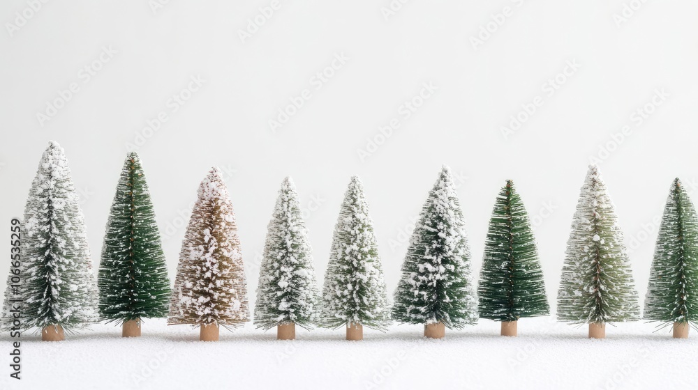 Poster mini christmas trees arranged with decorative wrapping paper on a white background. this image of mi