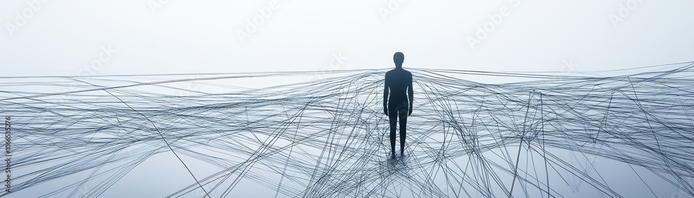 Poster a lone figure stands amidst abstract lines, symbolizing complexity and introspection in a vast, mini