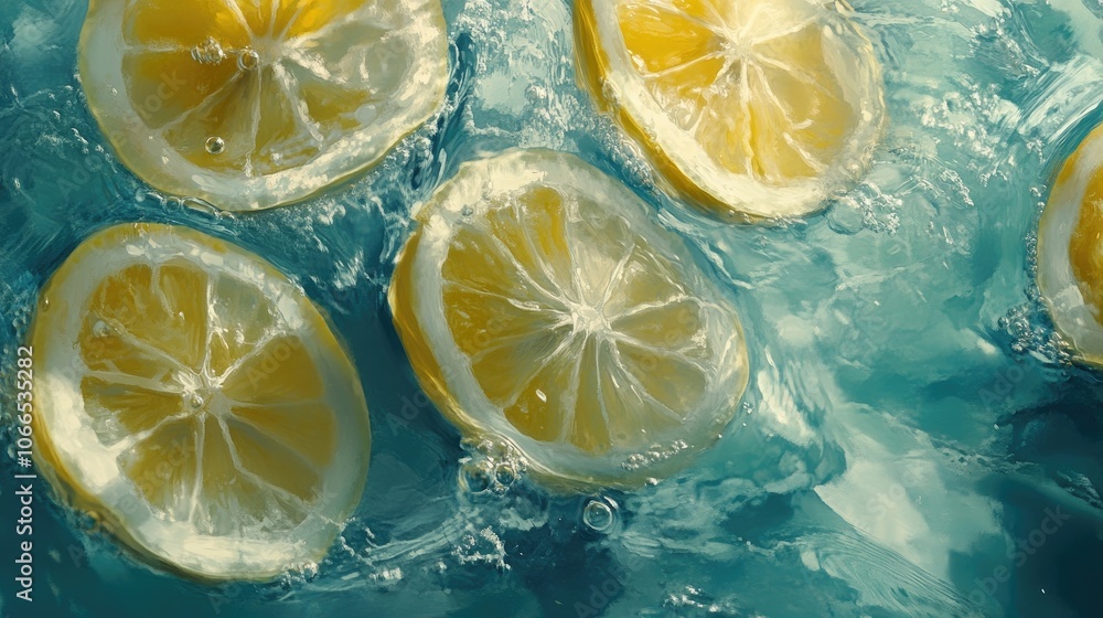 Poster close-up image capturing lemon slices elegantly floating in water, creating a refreshing and vibrant