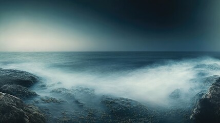 Obraz premium Abstract panorama of a surreal seascape captured with a long exposure technique to enhance the night seascape theme, offering a dreamlike quality and ample copy space.